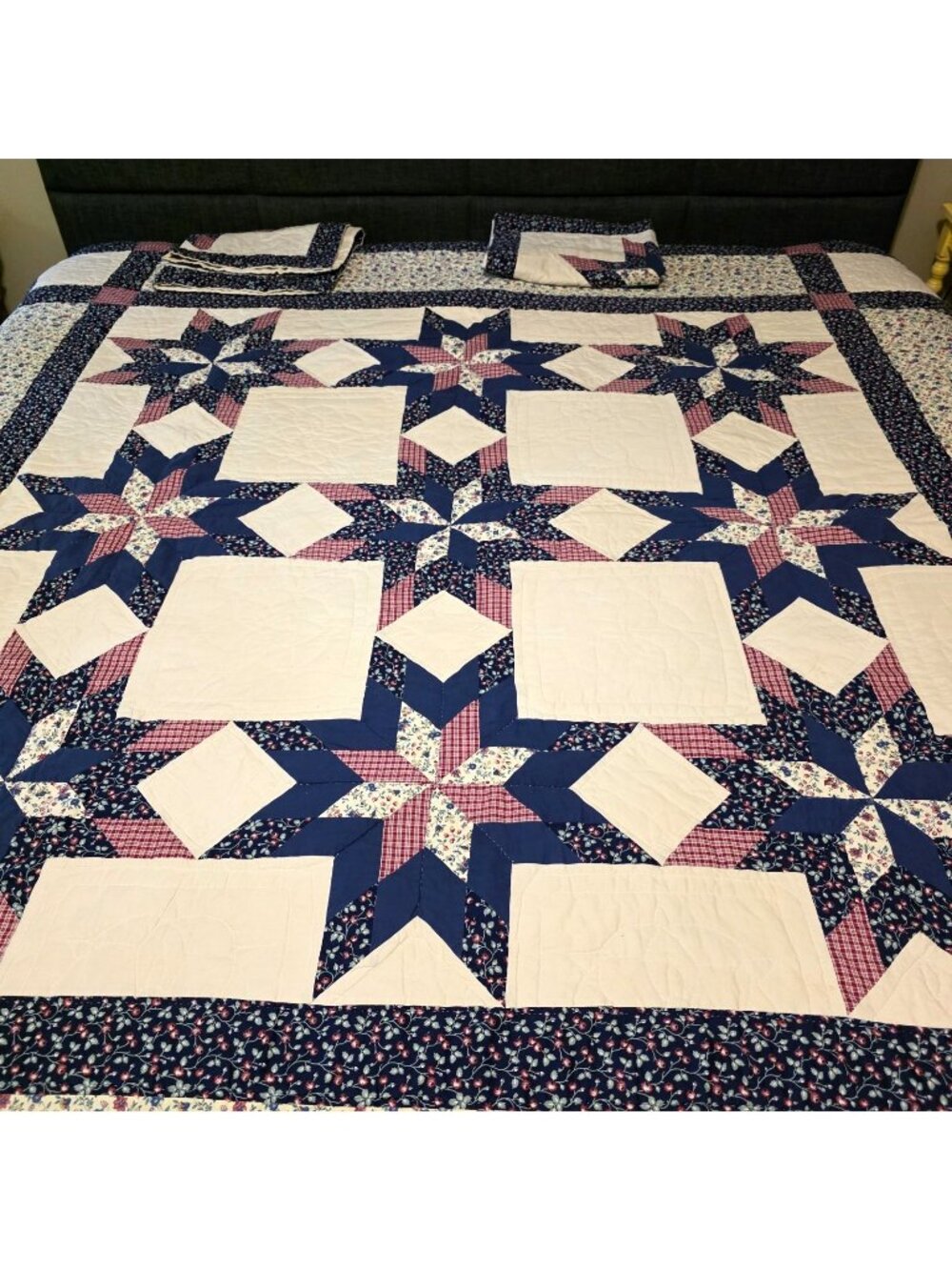 Vintage Arch Quilt 8 Point Star FULL QUEEN 84x84 Blue Floral Patchwork w. Shams